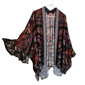Soft Surroundings Velevt Floral Mixed Print Beaded Bohemian Kimono Shrug Gypsy
